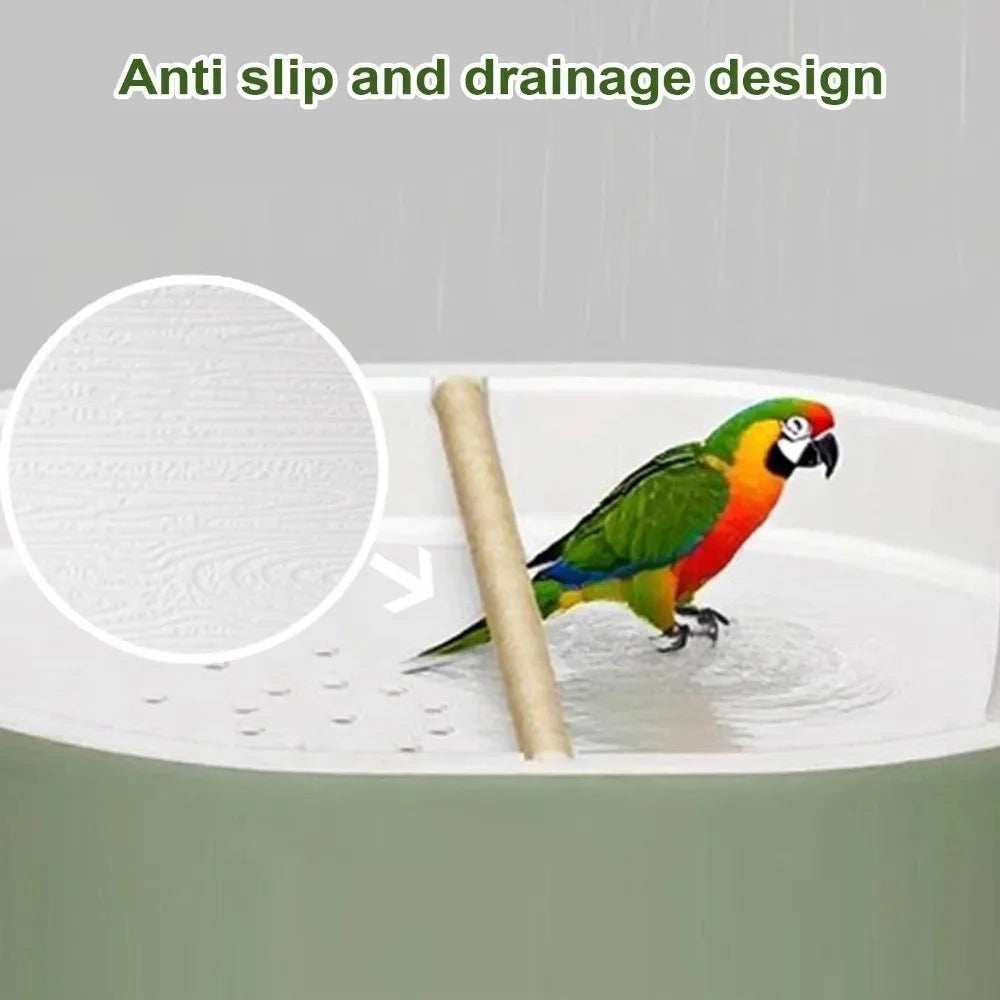 Automatic bird bathtub featuring an anti-slip and drainage design with a resting stick.