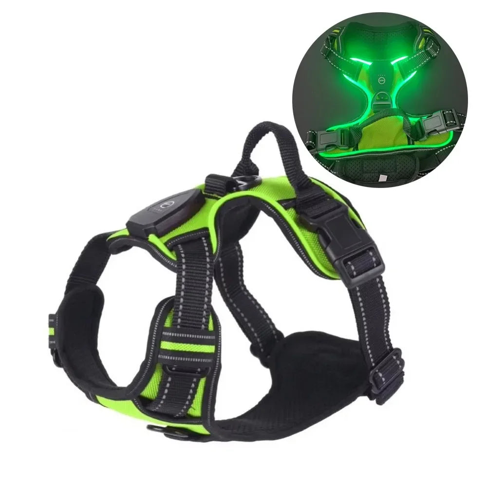 A black and neon green LED dog harness is shown against a white background, with an inset showing the illuminated features.