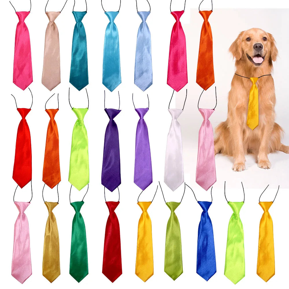 A collection of adjustable pet bow ties in various colors and fabrics for dogs and cats.