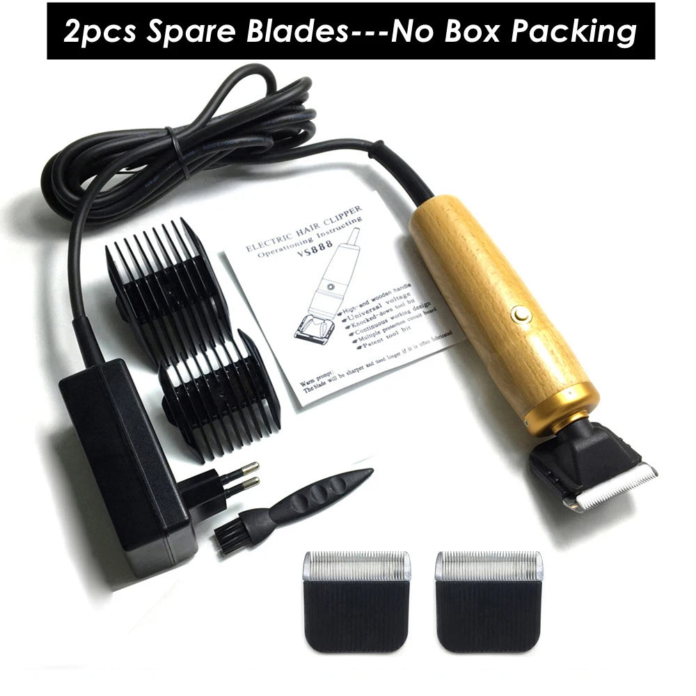 Two spare blades and a corded electric hair clipper for pets, packaged without a box.