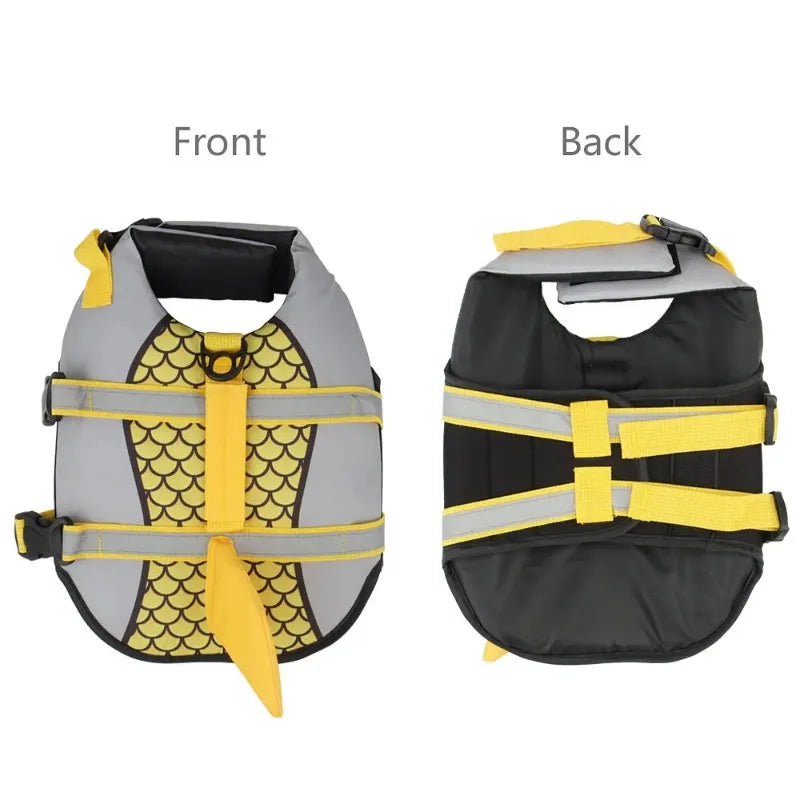 Front and back views of a black and gray dog swimming life jacket for medium to large breeds
