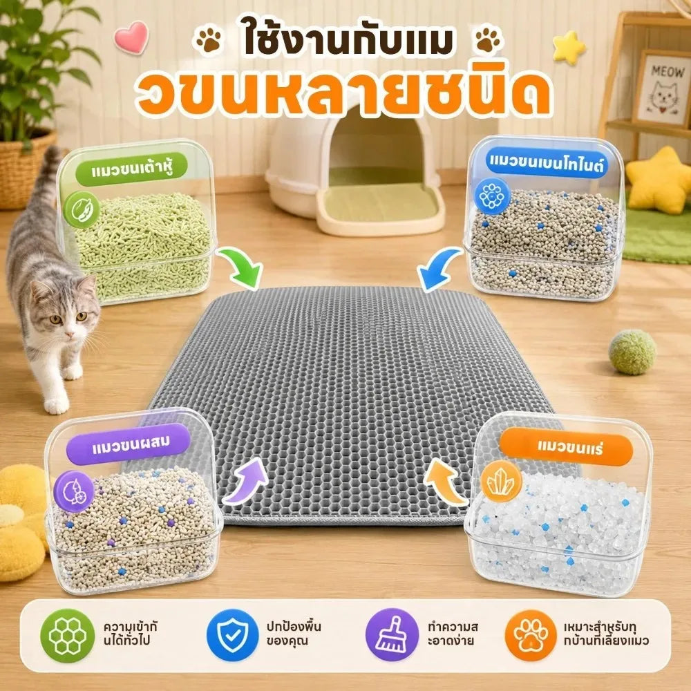 Extra-Large Double-Layer Cat Litter Mat with honeycomb texture and various litter types