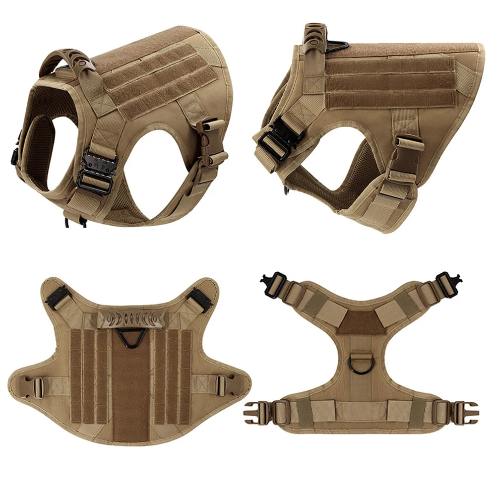 A set of tan durable dog harness and leash for training and walking, shown in multiple views.