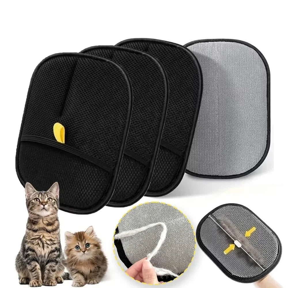 Gants de toilettage pour enlèvement de poils d'animaux noir et gris à double face, vues sous différents angles