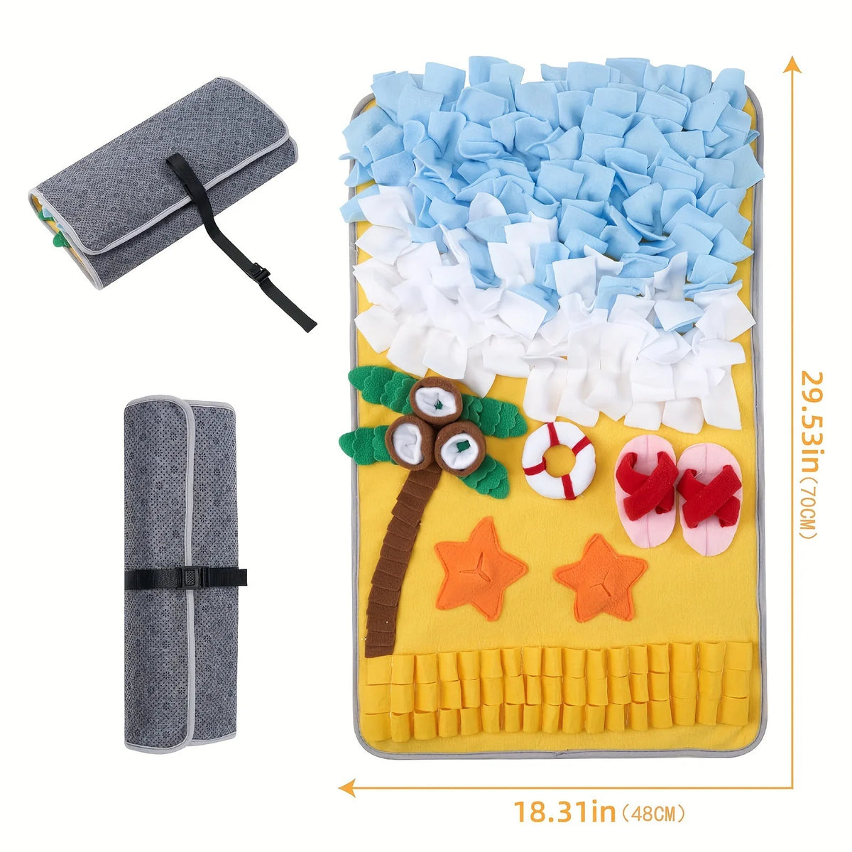A pet sniffing mat for dog training featuring a colorful design with blue, white, and yellow elements.