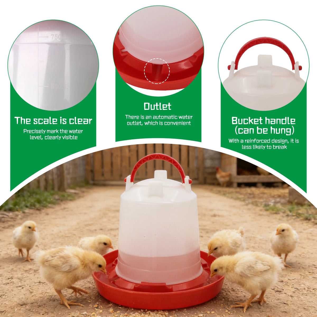 A white automatic chicken feeder and waterer combo set with a red base is shown outdoors on dirt ground.