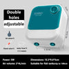 A white and teal double-hole adjustable air pump for fish tanks with accessories shown.