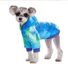 A small dog wearing a blue and green tie-dye fleece hoodie.