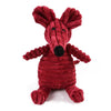 A plush, red corduroy dog toy shaped like a fox or squirrel with large ears and a black nose.