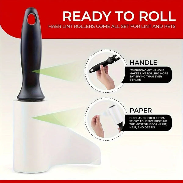 Rodillo anti-pelusa negro con mango blanco y papel, destacando su diseño ergonómico para recoger pelusas