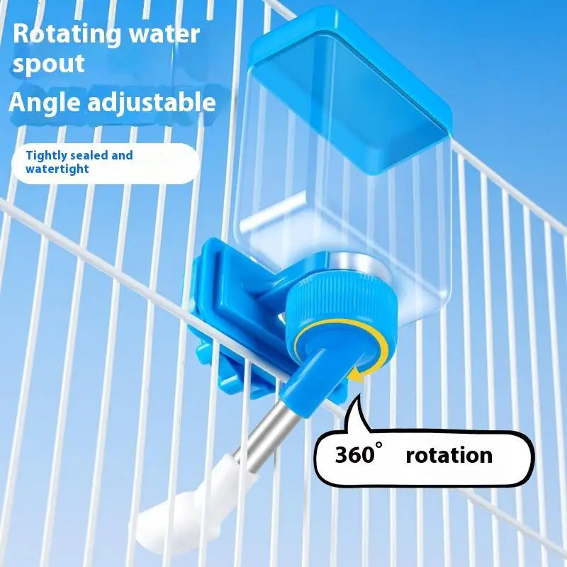 Nourriceur pour oiseaux bleu, bec rotatif avec angle réglable, dans une cage de fil
