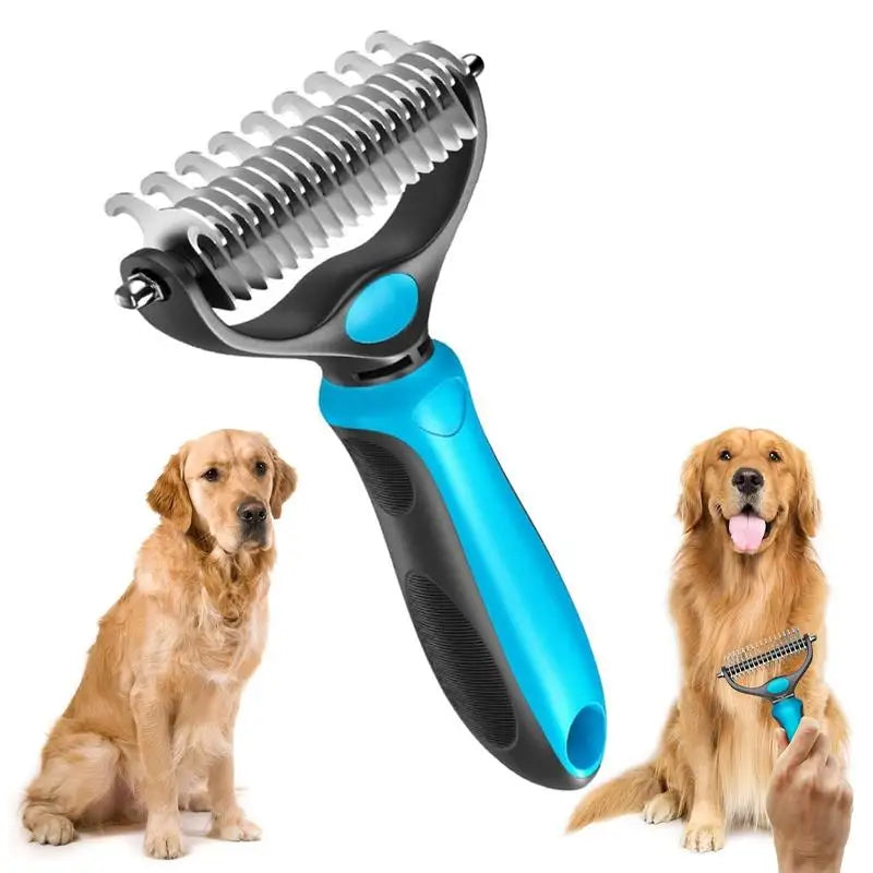A hand-held dual-sided stainless steel pet deshedding brush with a blue handle and two golden-colored dogs.
