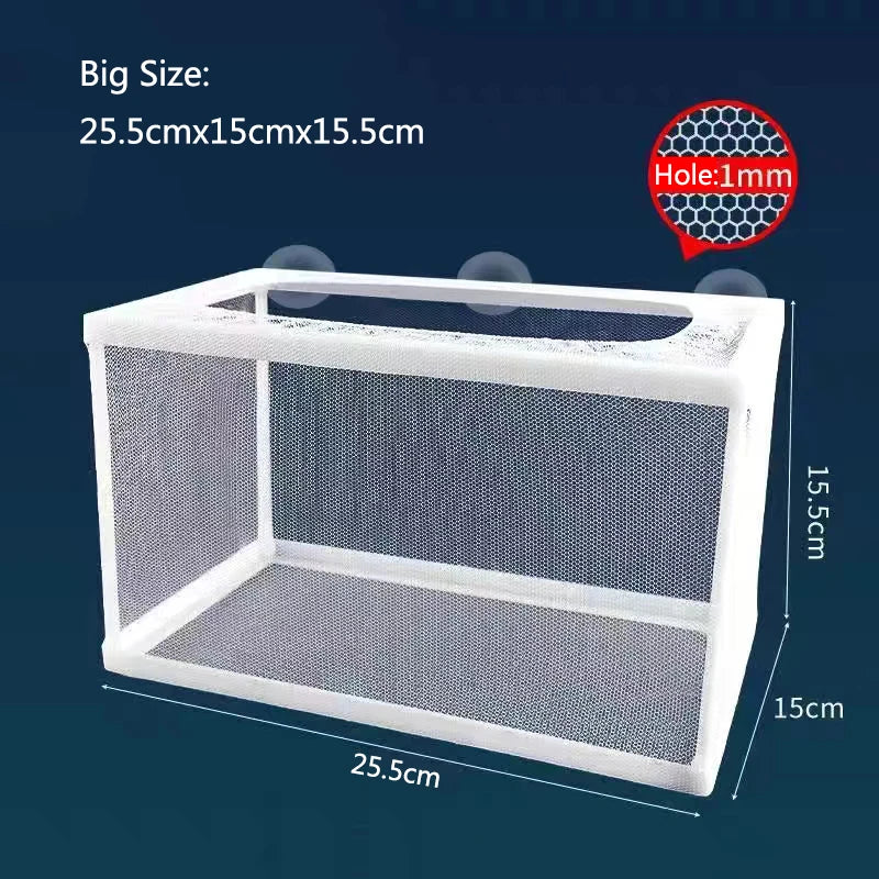 White aquarium fish breeding isolation box with a mesh top and bottom, featuring suction cups.