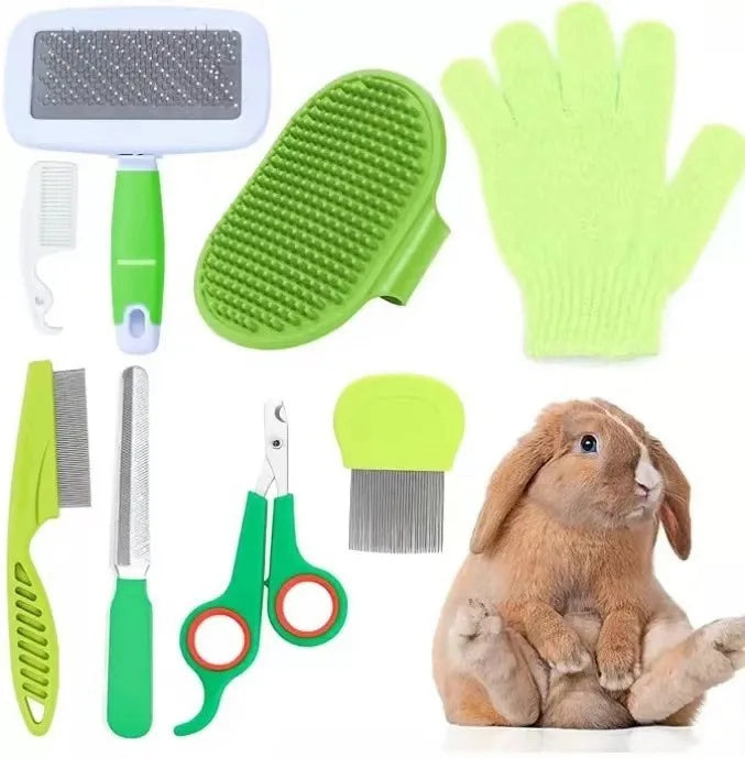 Tierpflege-Set mit grüner Elektrobürste, Silikonnagelschere und rosa Pflegehandschuhen mit einem Rabbiner
