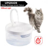 A clear pet water fountain with a white spout is shown next to a gray tabby cat, indicating a water shortage power failure.