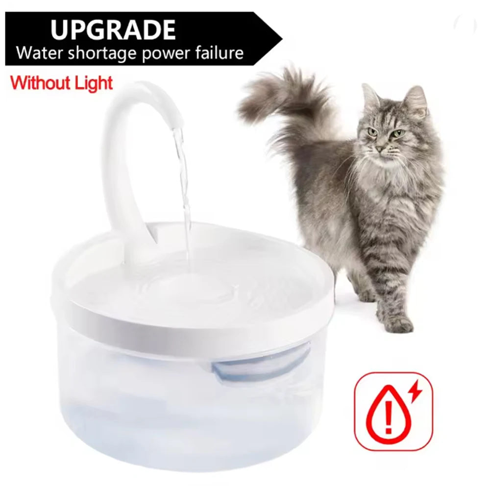 A clear pet water fountain with a white spout is shown next to a gray tabby cat, indicating a water shortage power failure.