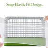 A silver bird cage with a green base and elastic fit design shown against a white background.
