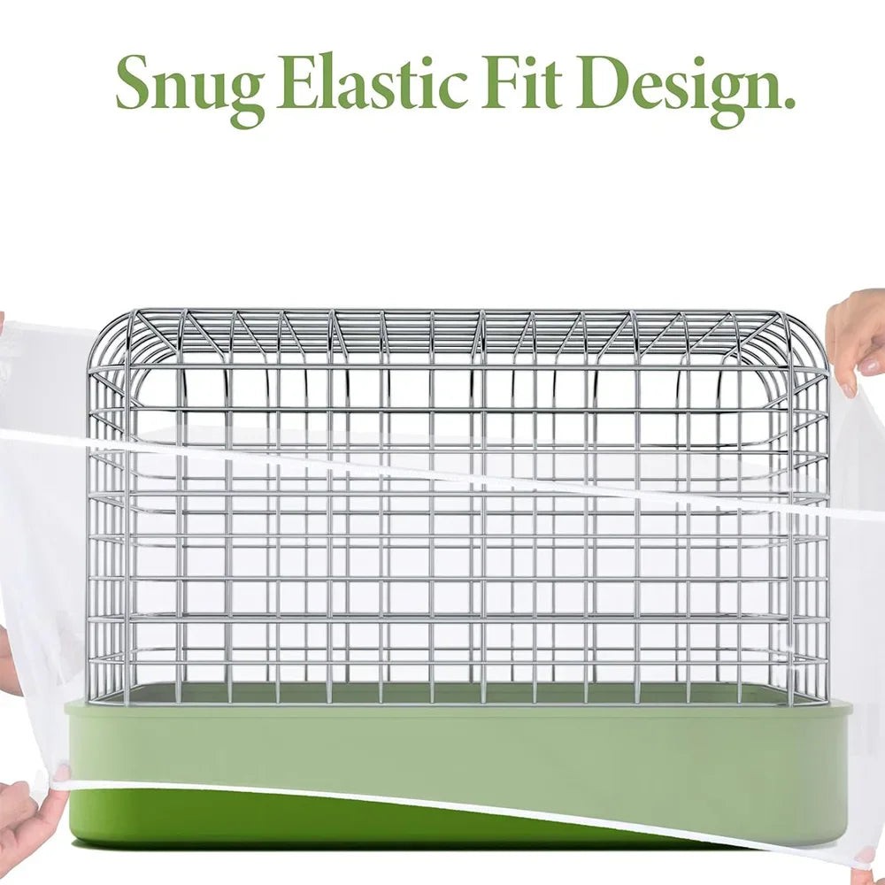 A silver bird cage with a green base and elastic fit design shown against a white background.
