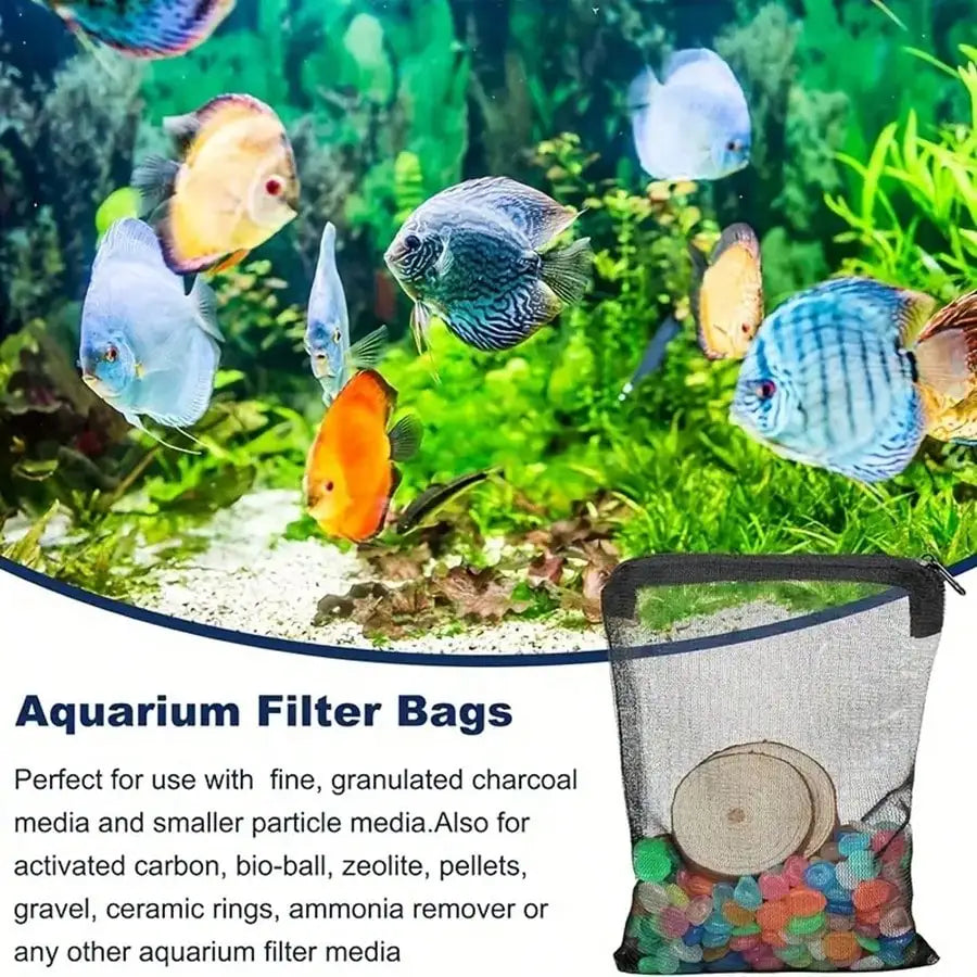 Reusable mesh filter bags with zippers for aquarium filtration media containing various materials like charcoal and pellets