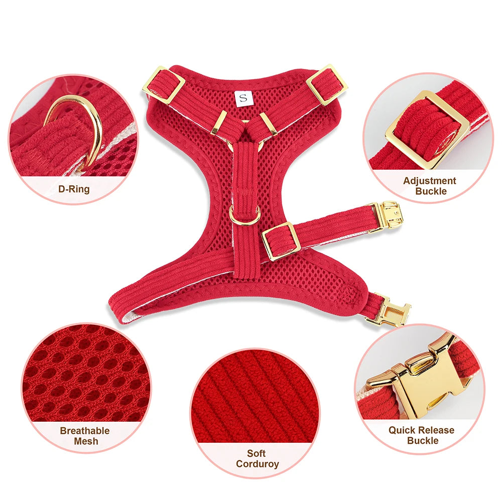 Red breathable mesh dog harness collar and leash set with adjustment buckles