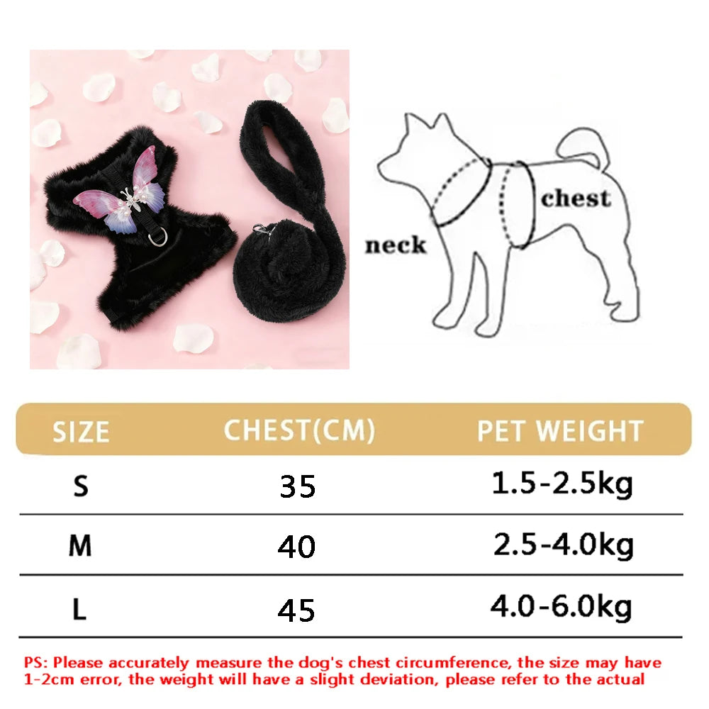 A set of black velvet butterfly pet harness for dogs and cats with size chart details