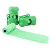 A bright green bone-shaped poop bag dispenser with a clip and a roll of bags.