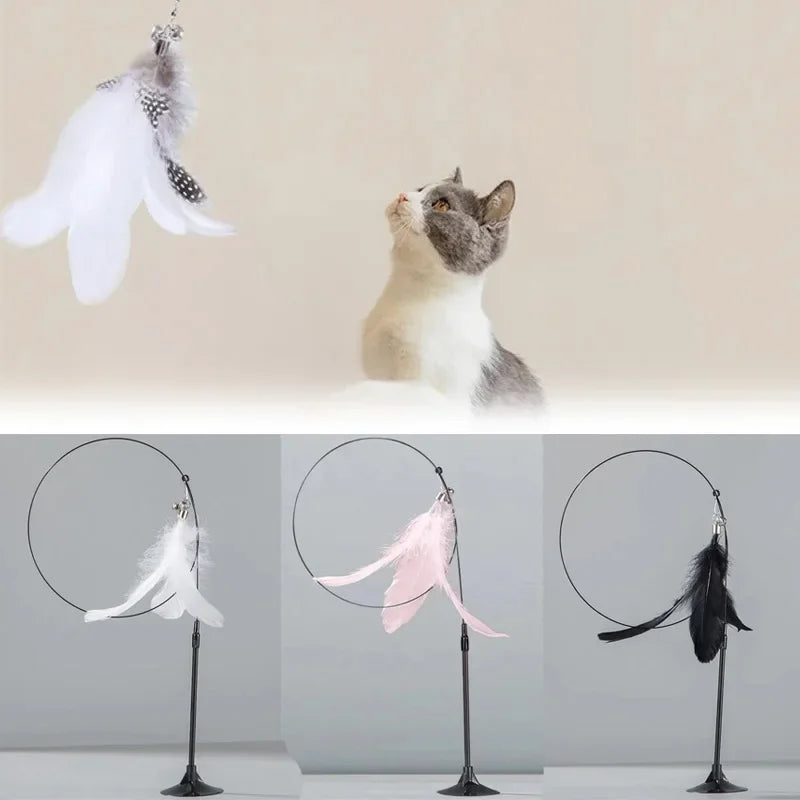 A cat teaser wand with a white feather toy and a black feather toy displayed on a stand.