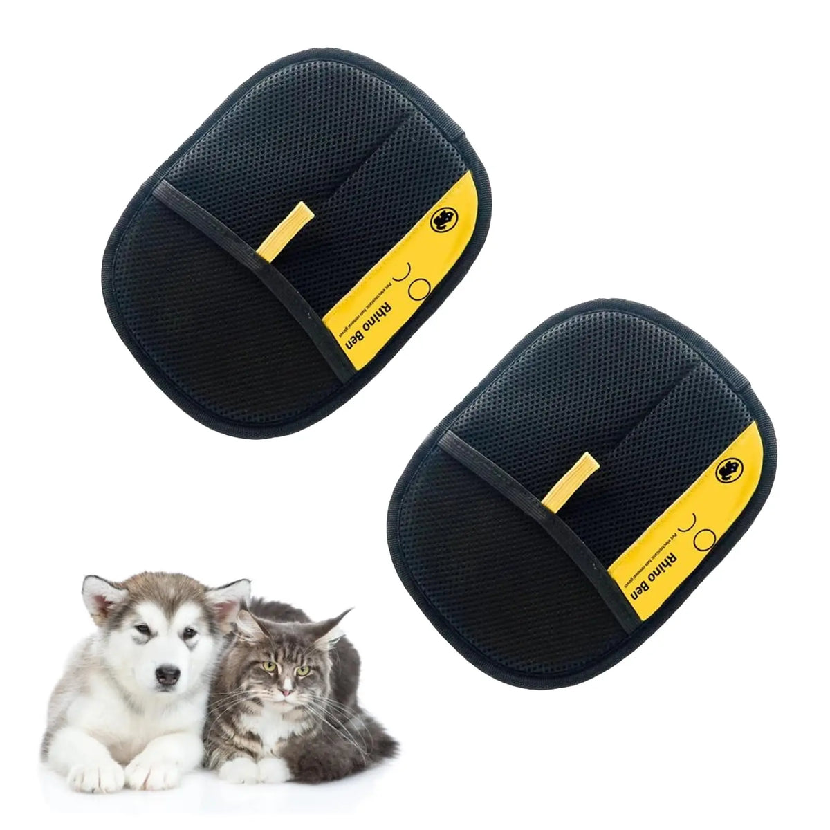 A pair of black reusable electrostatic pet hair remover gloves with yellow accents resting next to a cat and a dog.