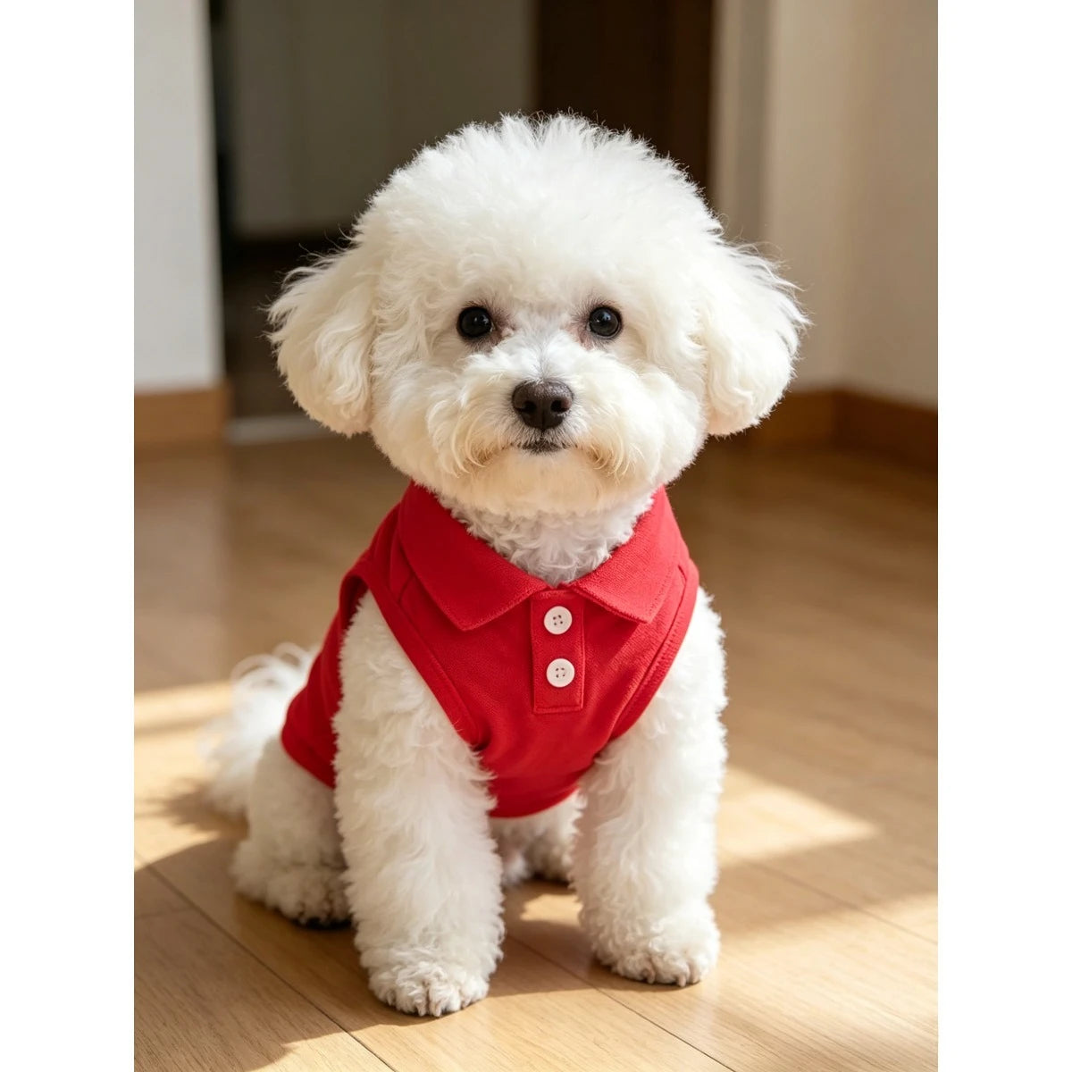 Un perro blanco y esponjoso vistiendo un chaleco rojo sin mangas con bordado 3D.