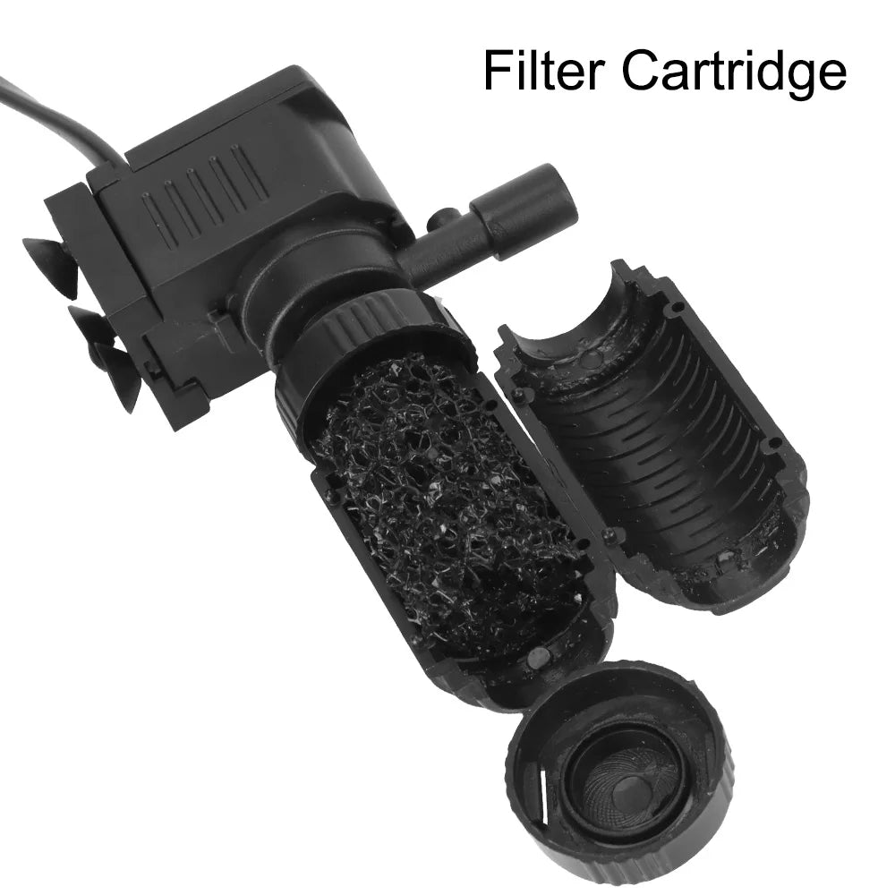 Black filter cartridge for a compact submersible aquarium filter with oxygenation
