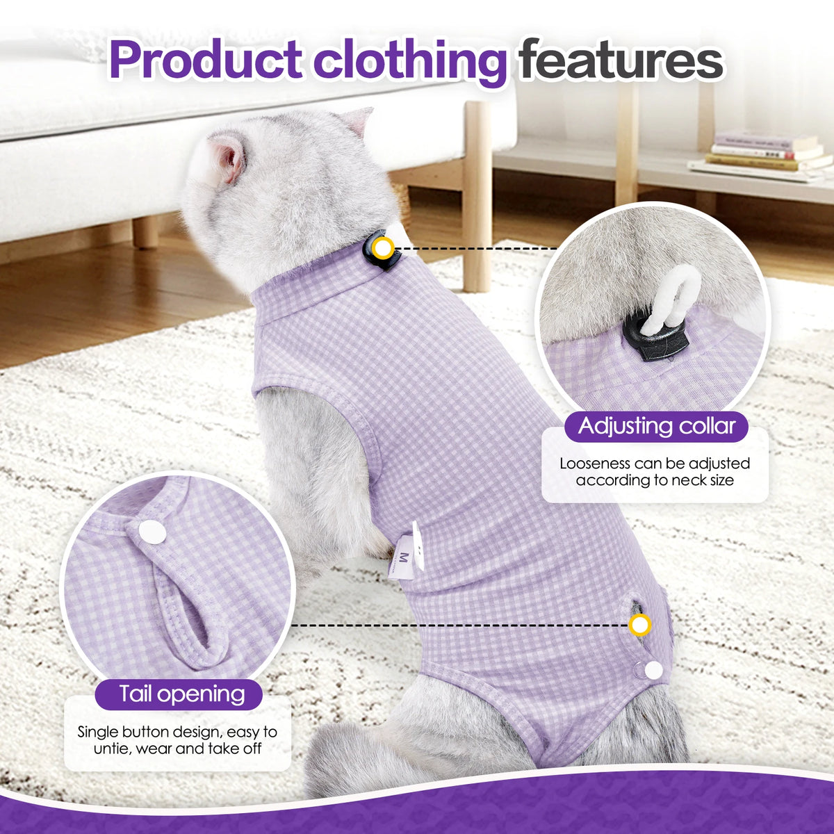 Combinaison de récupération vétérinaire violet clair pour chat, avec collier ajustable et ouverture de queue.