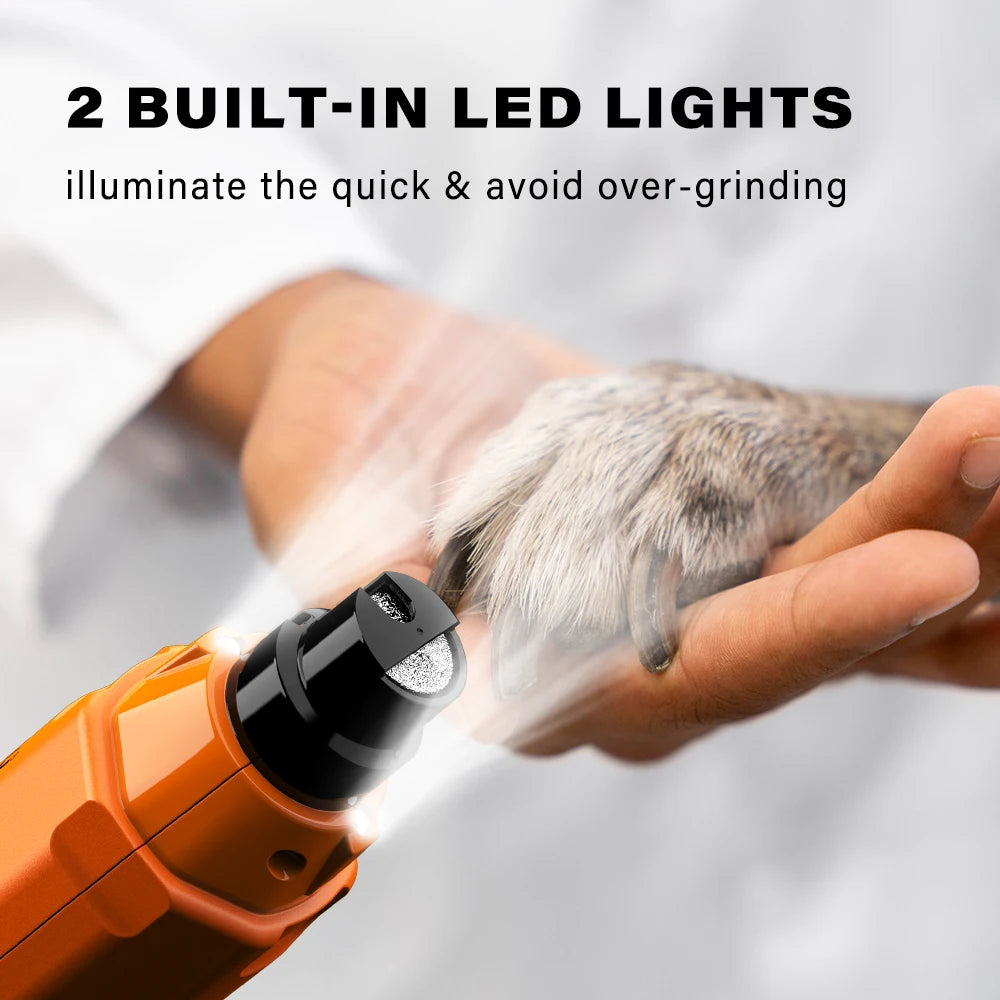 A hand holds an orange dog nail grinder illuminating a cat's paw with light.