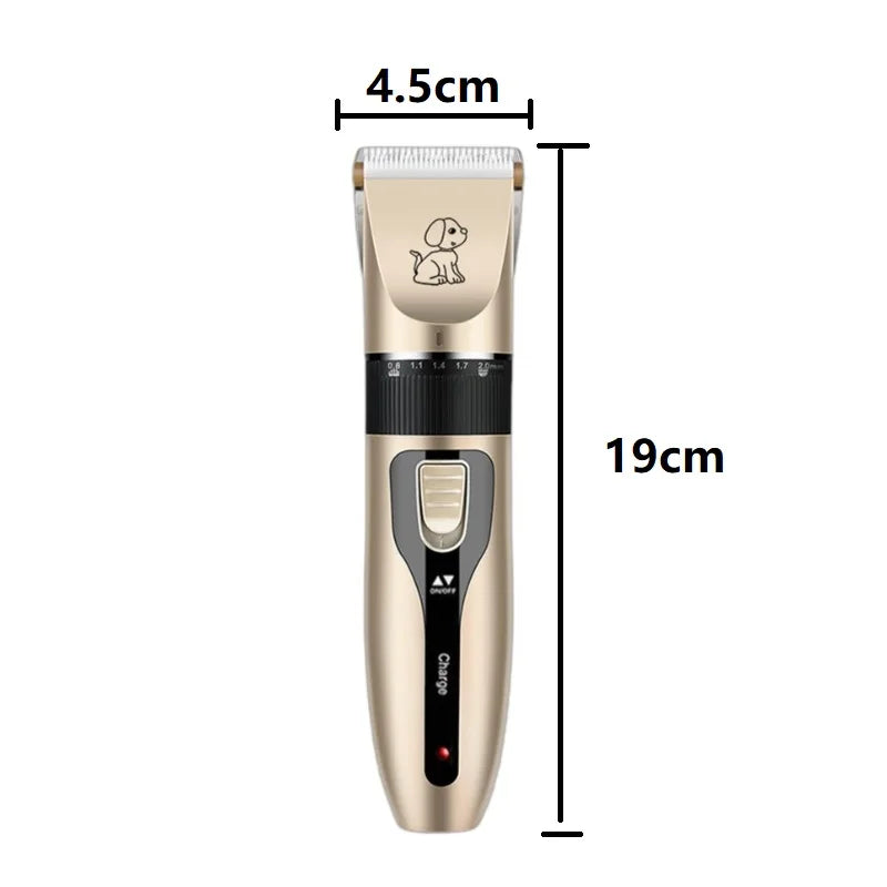 A vertical view of a gold cordless pet hair clipper for dogs and cats.