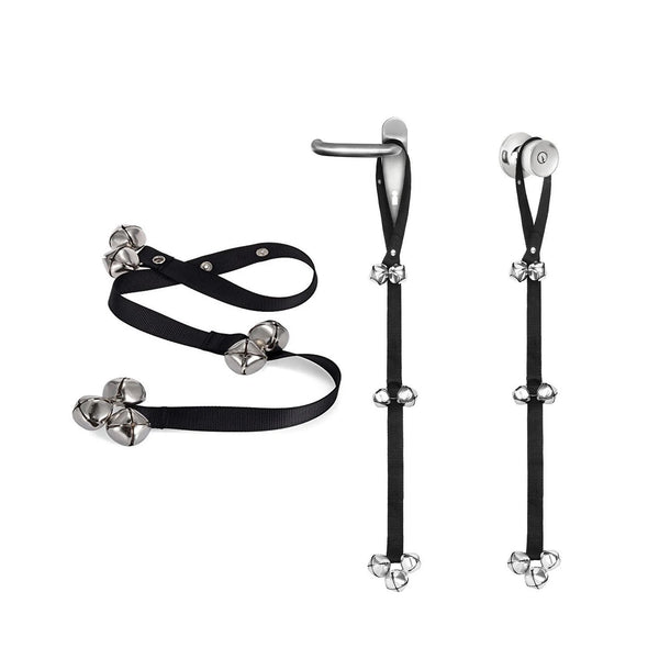 A black adjustable pet training doorbell rope with silver hardware and a hanging mechanism.