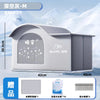 A gray portable cat cooling house designed for cats, shown next to its dimensions and accessories.