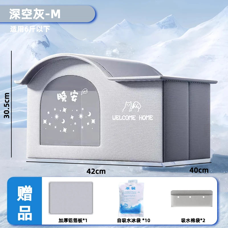A gray portable cat cooling house designed for cats, shown next to its dimensions and accessories.