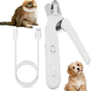 A white 2-in-1 pet nail trimmer and grinder tool next to a cat and a dog.
