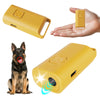 A yellow portable ultrasonic dog repeller device shown in various forms, including a handheld unit and a larger body camera s