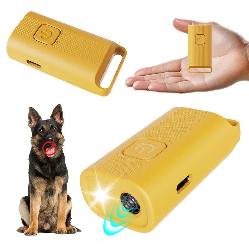 A yellow portable ultrasonic dog repeller device shown in various forms, including a handheld unit and a larger body camera s