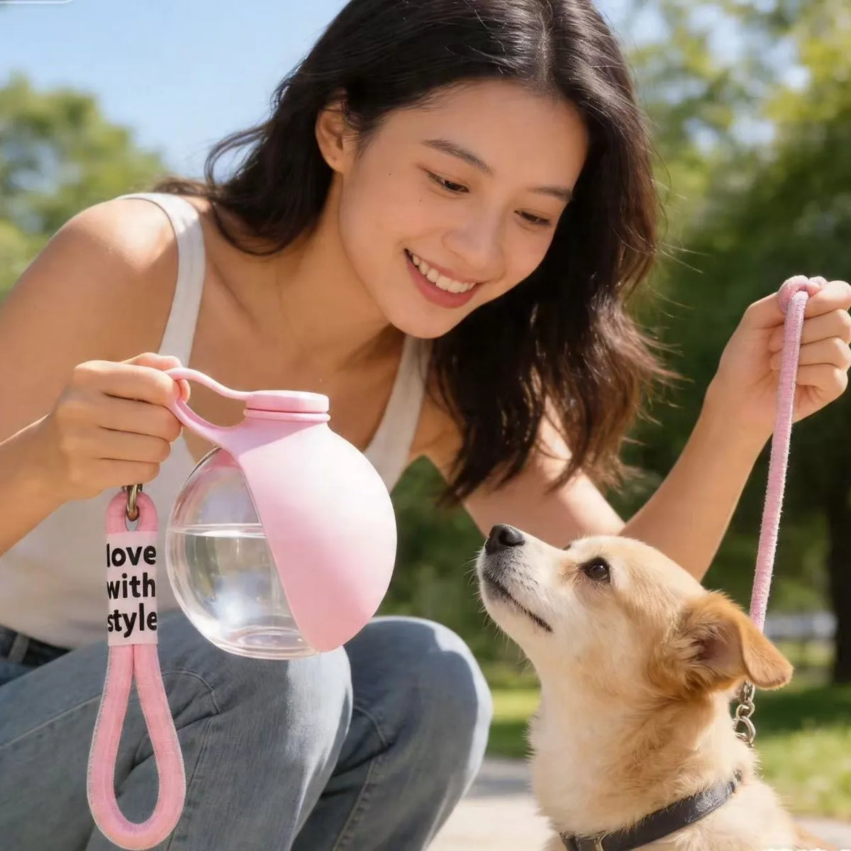 A woman is holding a pink portable pet water bottle with a lanyard, interacting with a golden dog outdoors.