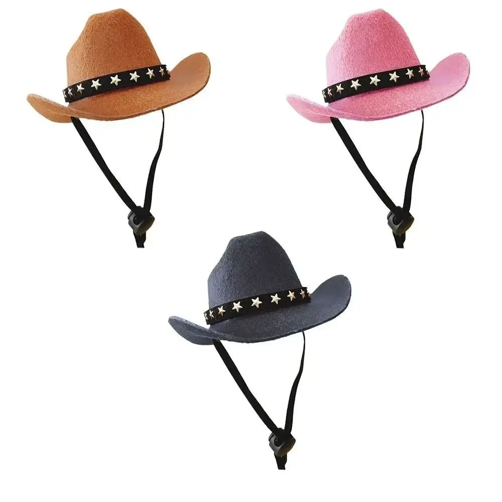 Three adjustable cowboy hats in shades of tan, pink, and gray for small dogs and cats