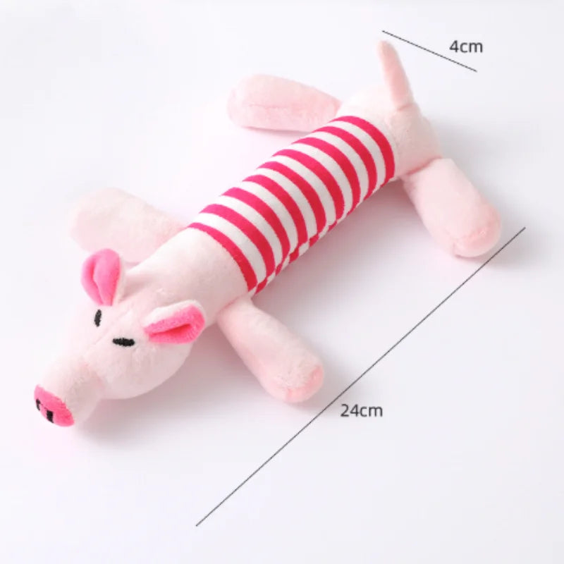 Pink plush donkey dog toy with red stripes, measuring 4cm in height and 24cm in length.