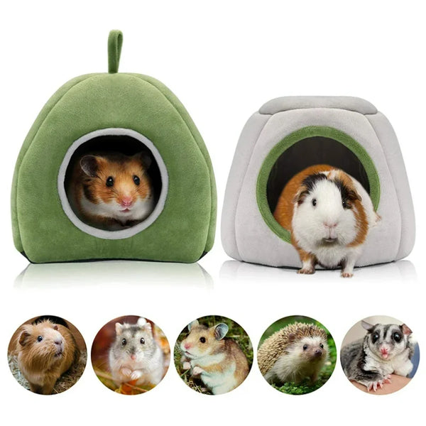 A green plush cave bed for small animals, shown with various furry pets.