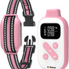 A pink dog training collar with a black strap and a white remote control displaying a digital reading.