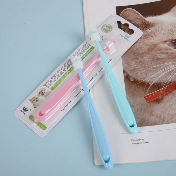 A pink and blue 360 degree soft silicone pet toothbrush for cats and small dogs is shown next to a photo of a cat's face.