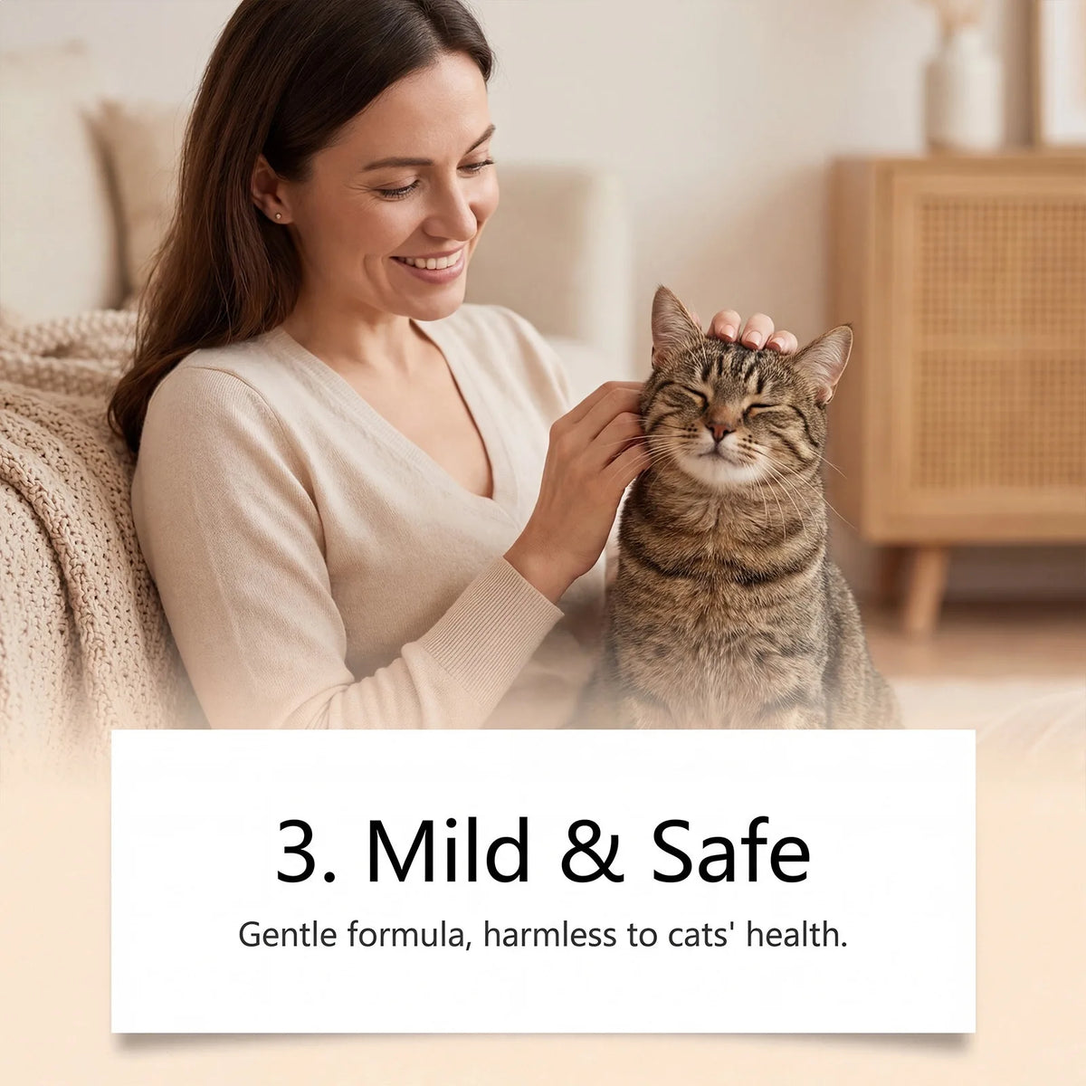 A woman gently pets a tabby cat while holding a bottle of mild and safe cat deterrent spray.