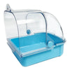 Clear plastic external bird bath designed for cages and parakeets with a blue base.
