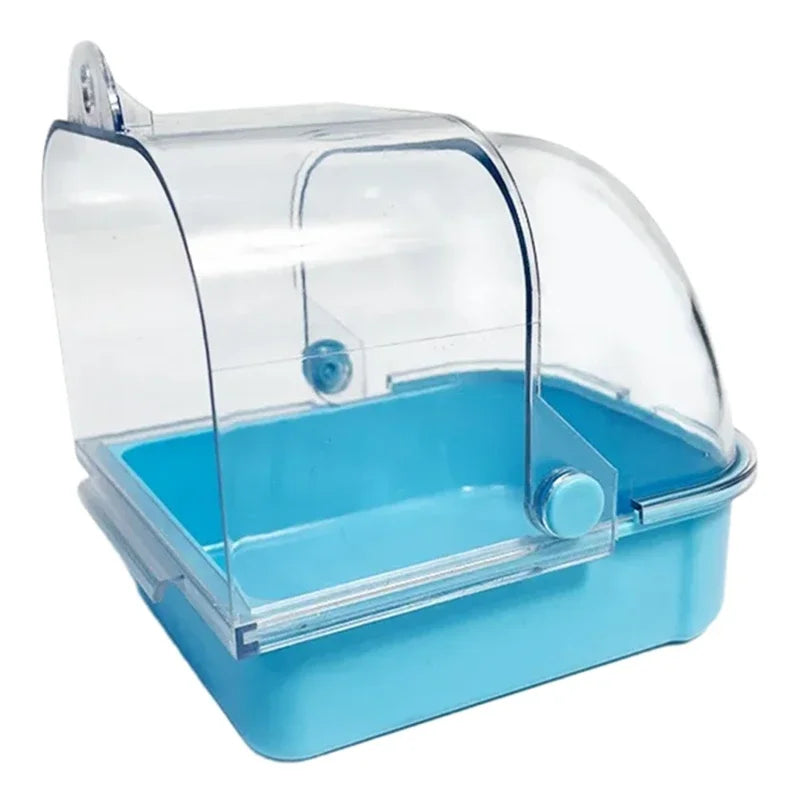Clear plastic external bird bath designed for cages and parakeets with a blue base.