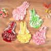 A collection of pink, green, and yellow reusable dog diaper pants for small breeds displayed on a wooden surface.