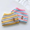 A striped stretchy pet tank top for cats and small dogs featuring pink, blue, and yellow stripes with a bear design.